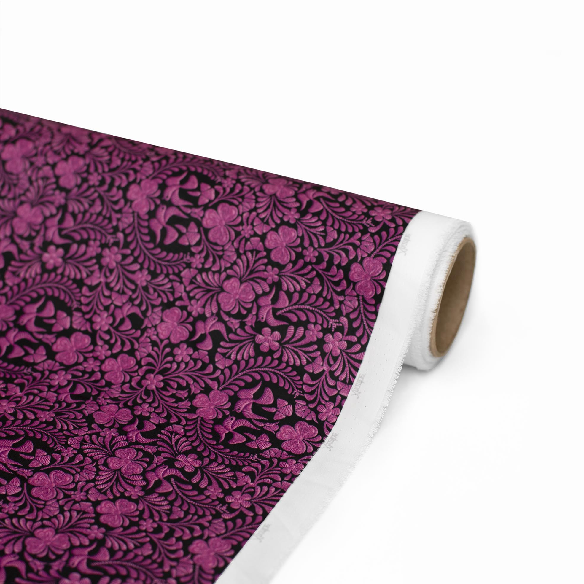 TELA TIPO SEDA DISEÑO VALLES MORADO F/NEGRO X METRO