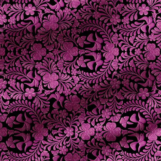 TELA TIPO SEDA DISEÑO VALLES MORADO F/NEGRO X METRO