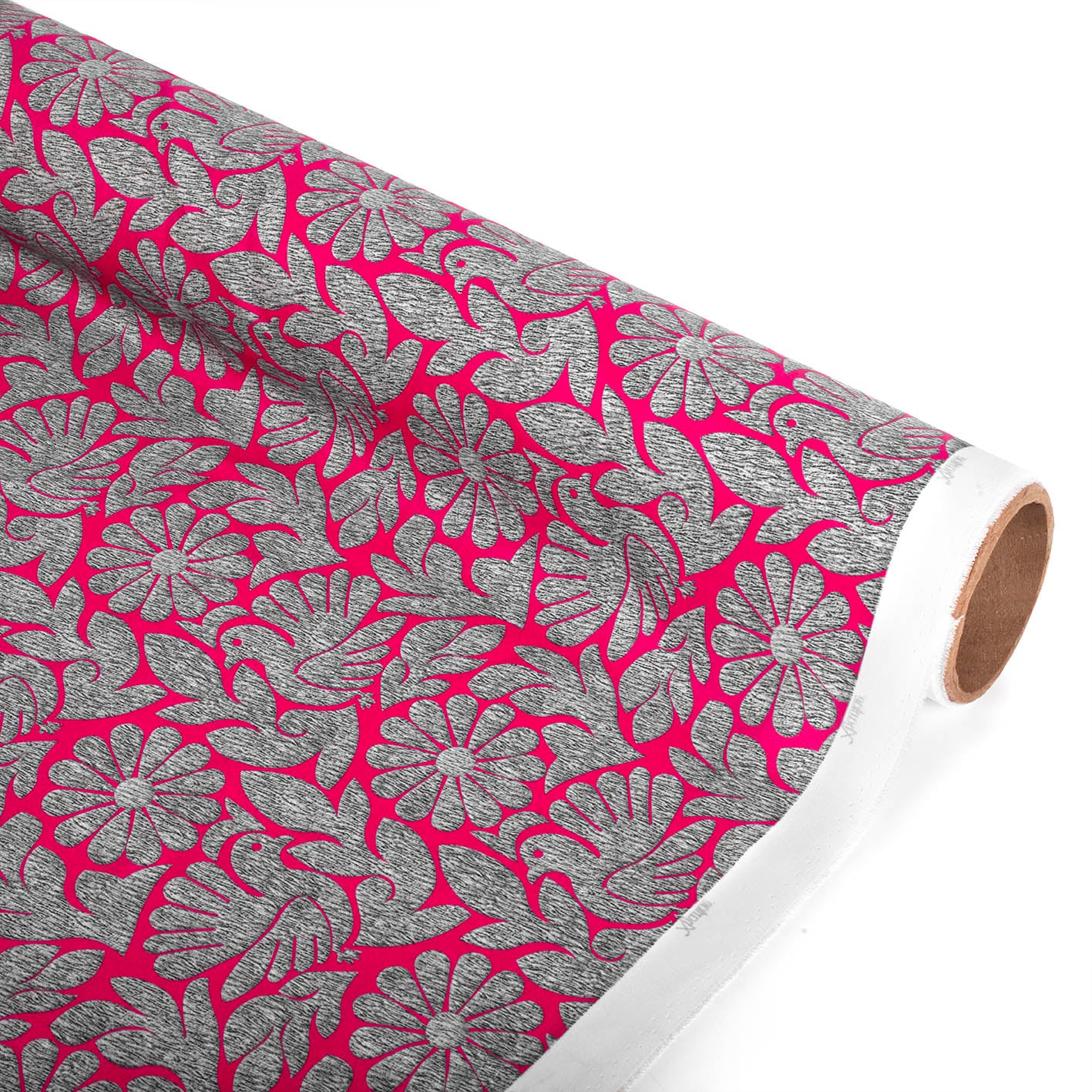 TELA TIPO SEDA DISEÑO PAVO REAL FUCSIA X METRO