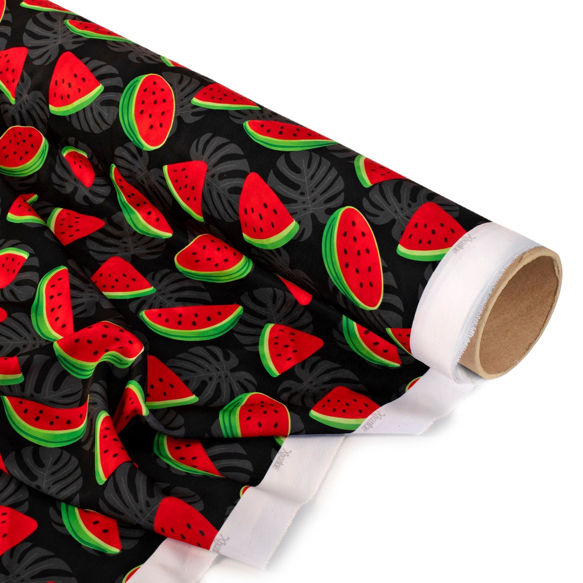 TELA TIPO SEDA DISEÑO SANDIA TROPICAL F/NEGRO X METRO