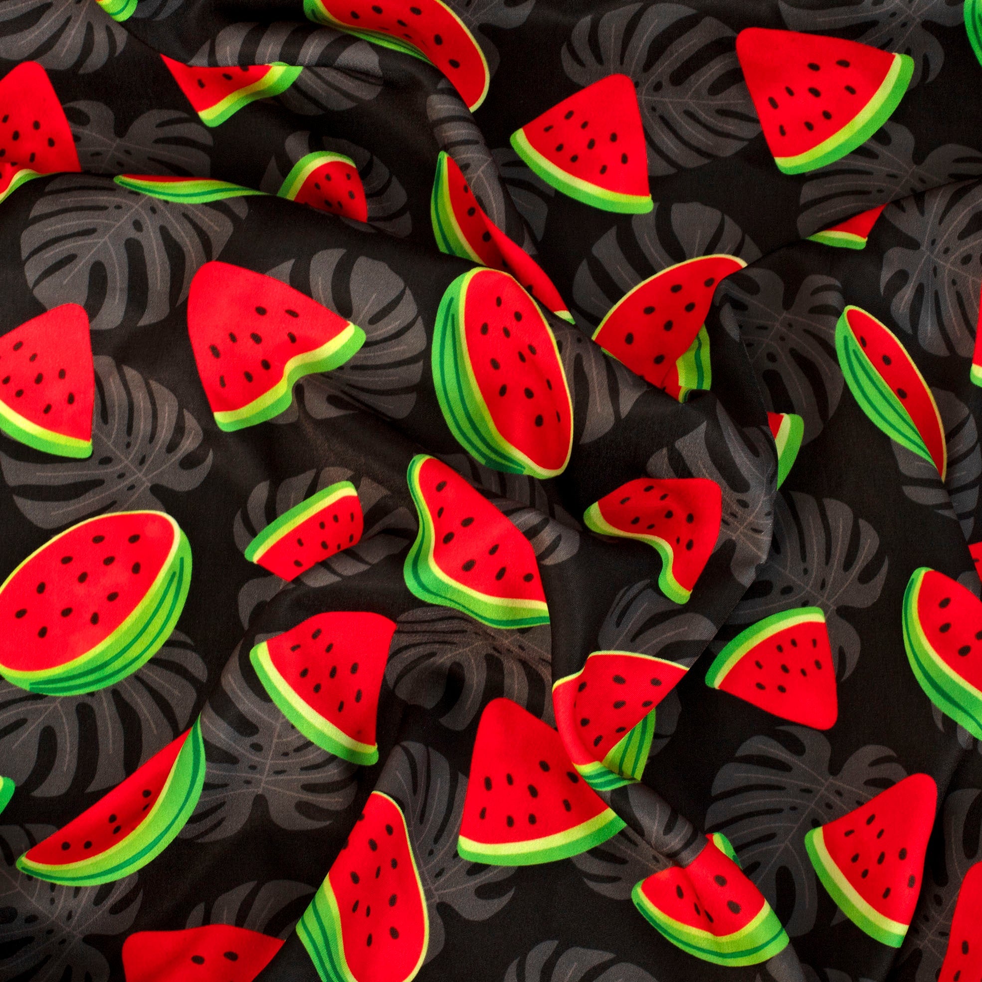 TELA TIPO SEDA DISEÑO SANDIA TROPICAL F/NEGRO X METRO