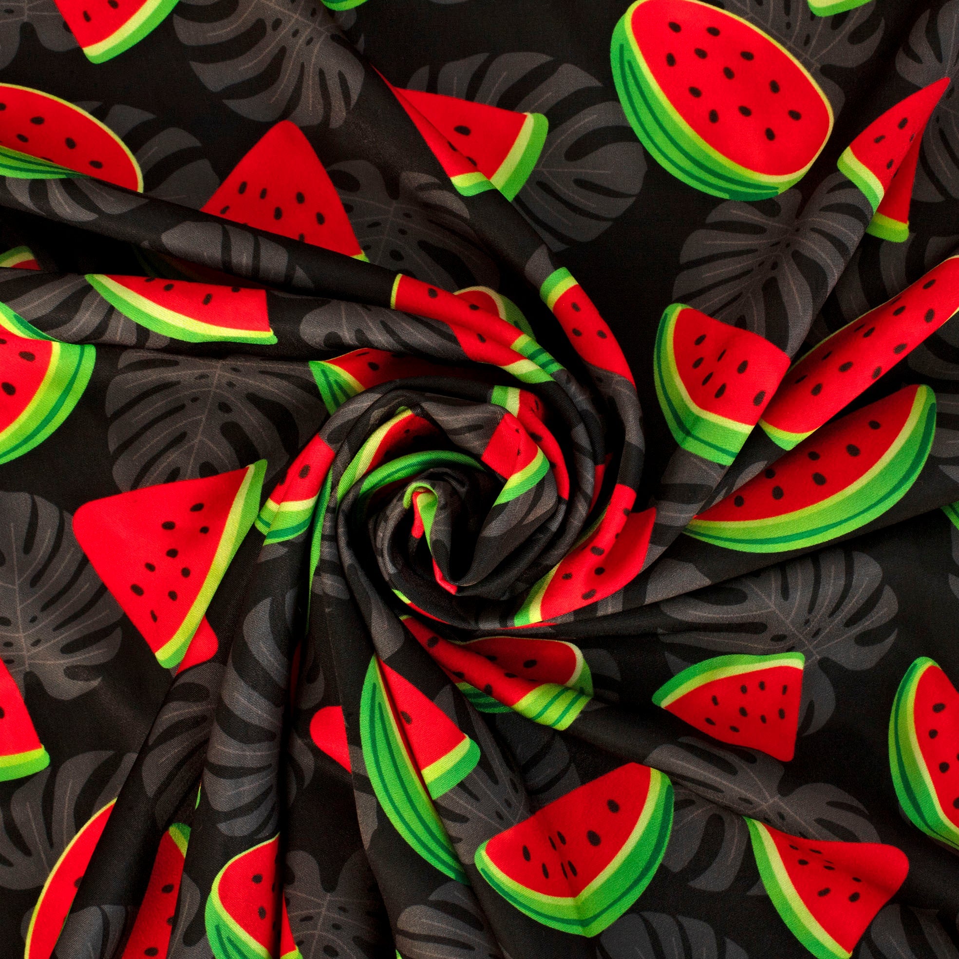 TELA TIPO SEDA DISEÑO SANDIA TROPICAL F/NEGRO X METRO
