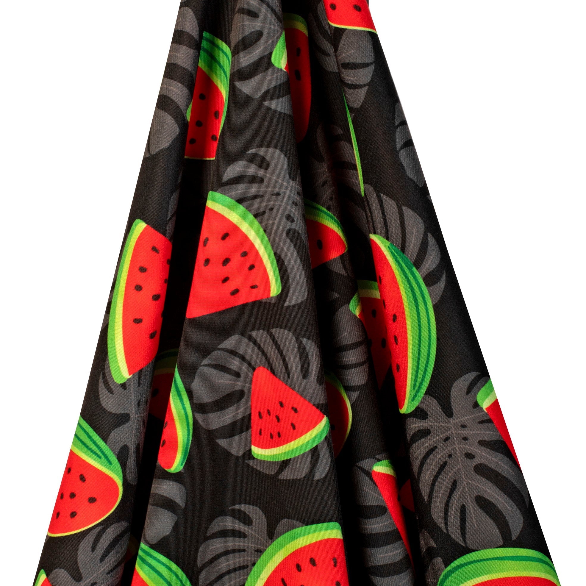 TELA TIPO SEDA DISEÑO SANDIA TROPICAL F/NEGRO X METRO