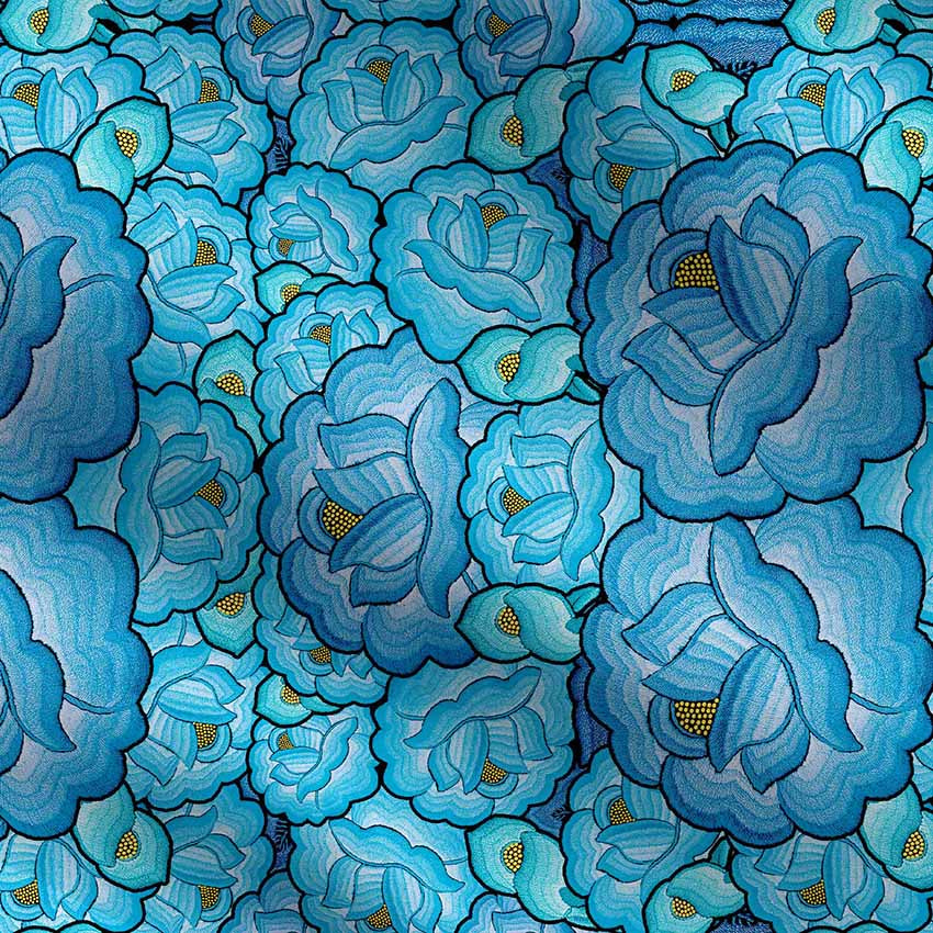 TELA TIPO SEDA DISEÑO FLOR AZUL X METRO
