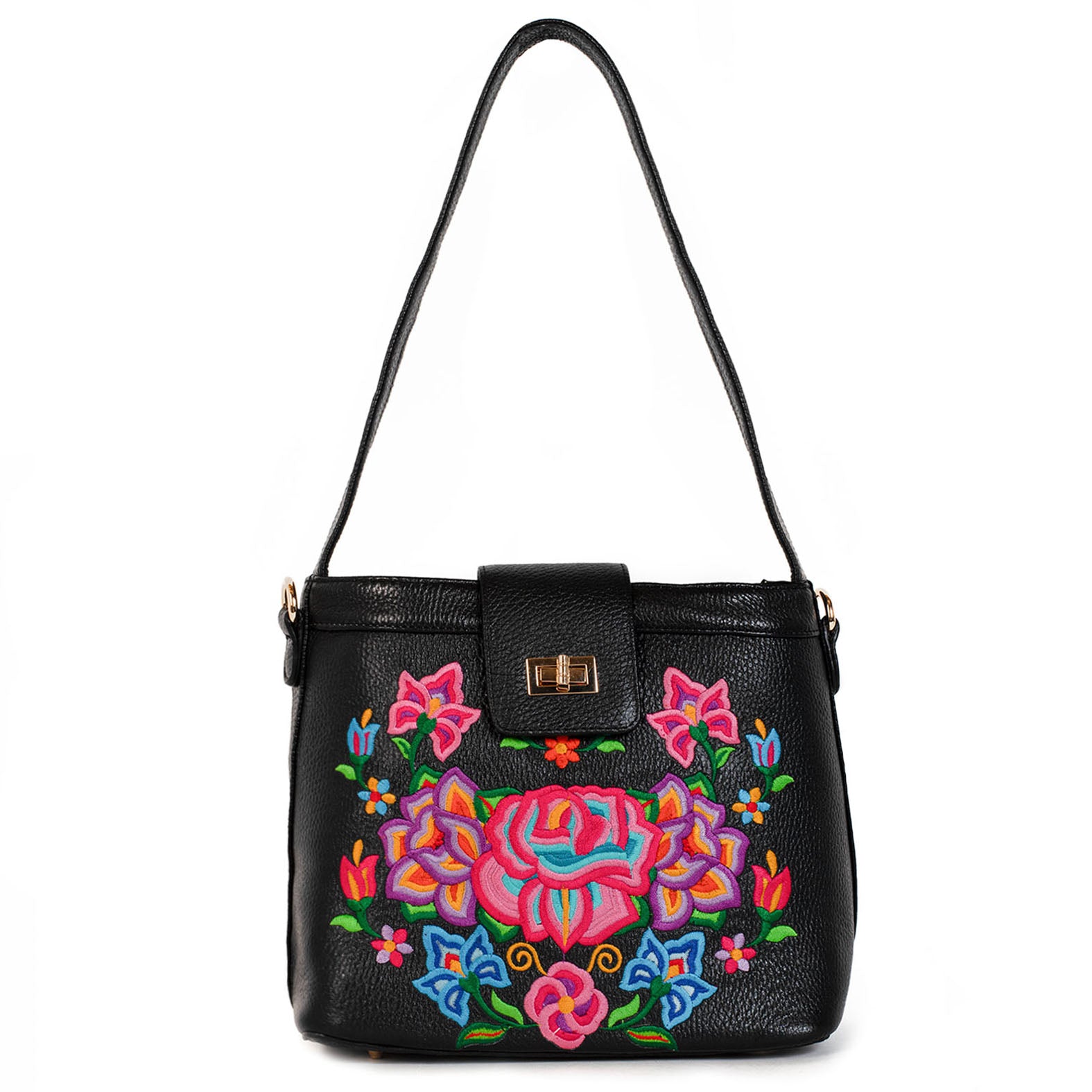 BOLSA YAMILET BORDADO FLOR ISTMO TERNERA NEGRO